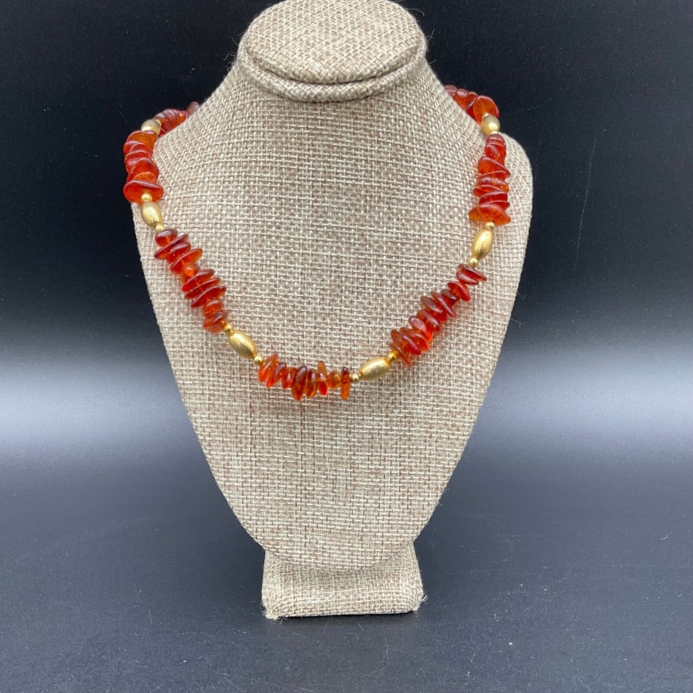 Genuine Baltic Amber Chip Necklace Cognac Orange Gold Tone Beads 18 Inch